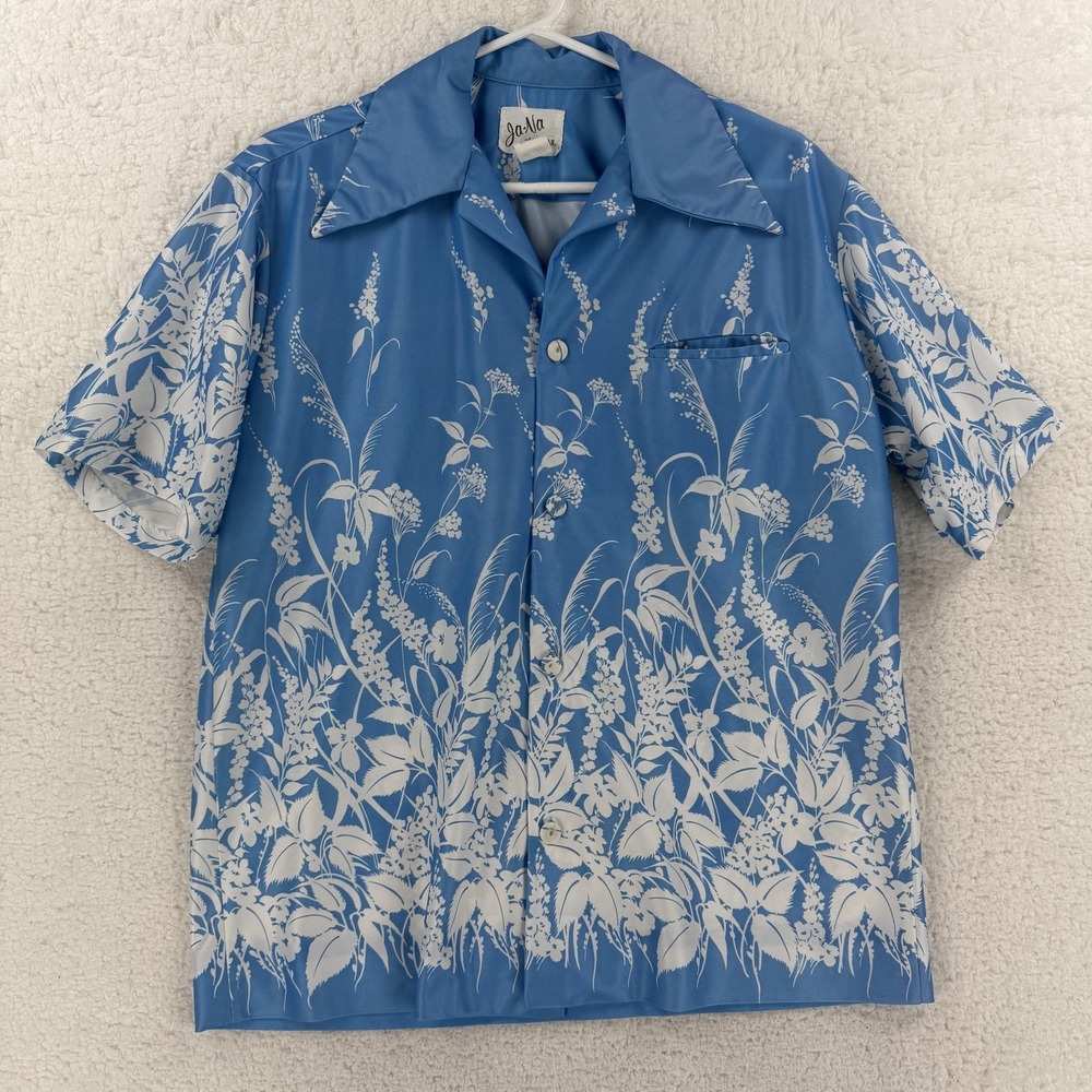 Vintage Ja-Na Of Hawaii‎ Shirt Mens Medium Blue Floral Hawaiian Aloha Disco